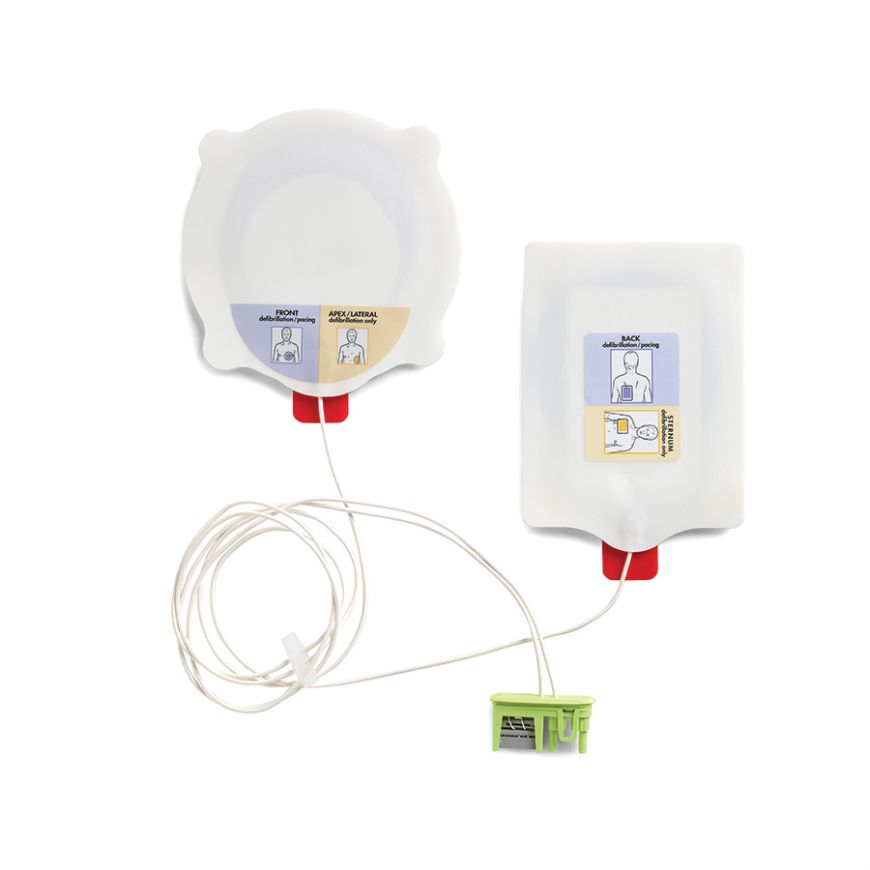 The ZOLL Stat-padz II multi-function electrodes consist of two white adhesive AED pads, complete with illustrated usage instructions and connector cables, ensuring seamless integration for effective defibrillation.