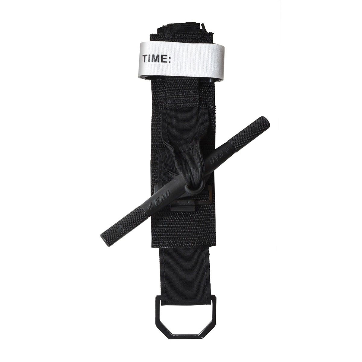 The AED Shop's Tourniquet - Windlass style in black is ideal for limb trauma care, featuring a white label that allows for recording the application time to ensure precise monitoring while effectively stopping blood loss.