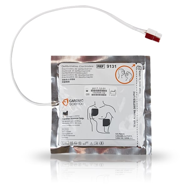 Cardiac Science G3 AED Defibrillation Pads, by Cardiac Science, come in a silver package adorned with illustrations and text that provide use instructions and product details; these Rescue Ready electrodes are compatible with Powerheart G3 AEDs.