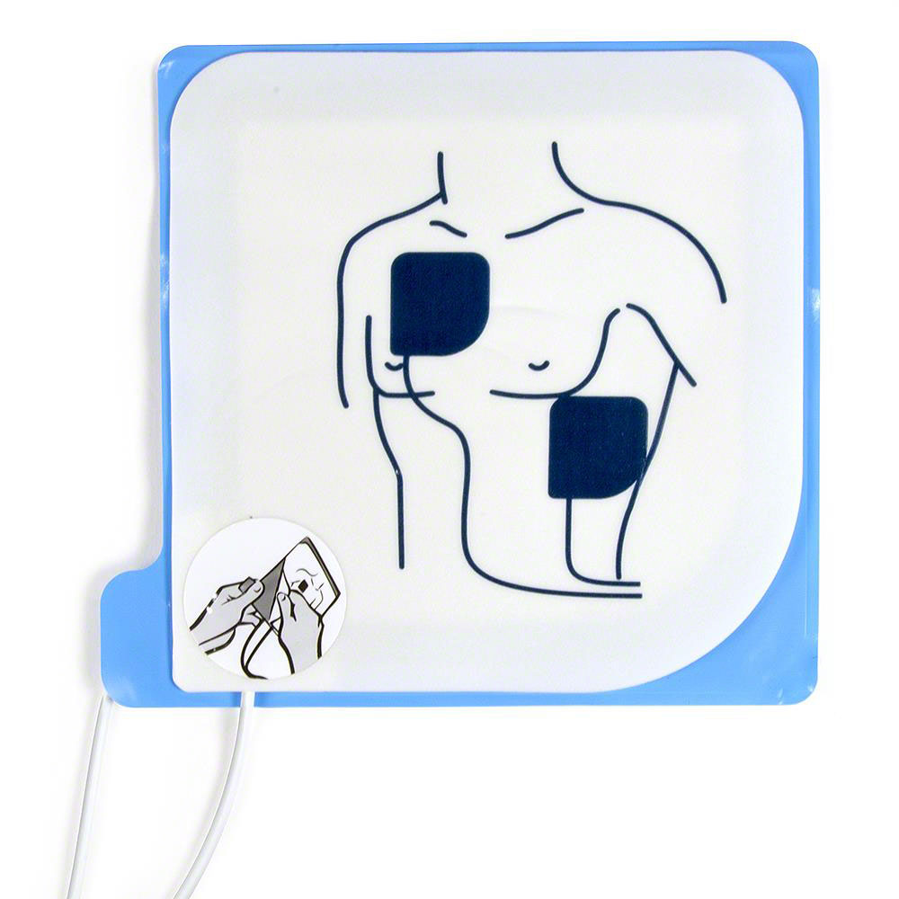 Diagram showing the placement of Cardiac Science G3 AED Defibrillation Pads on a person's chest, with one on the right side and one on the left abdomen, compatible with Powerheart G3 AEDs by Cardiac Science.