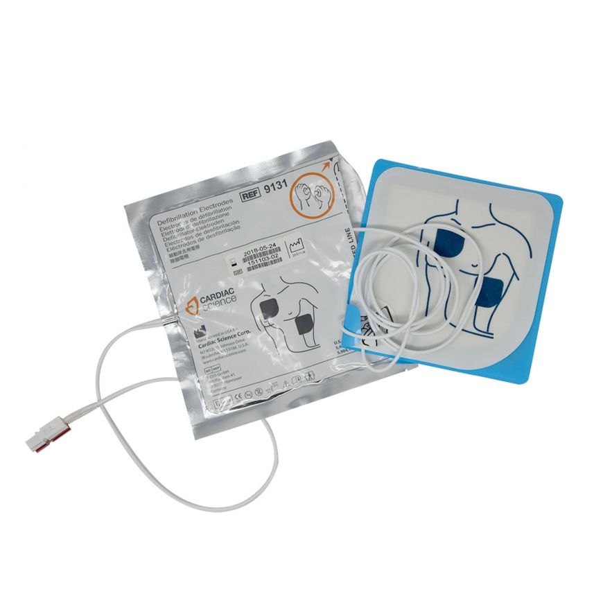 Cardiac Science G3 AED Defibrillation Pads, sold under the Cardiac Science brand, include defibrillator electrode pads with attached wires. One pad is provided in the package and another is shown for chest placement illustration. These pads are compatible with Powerheart G3 AEDs.