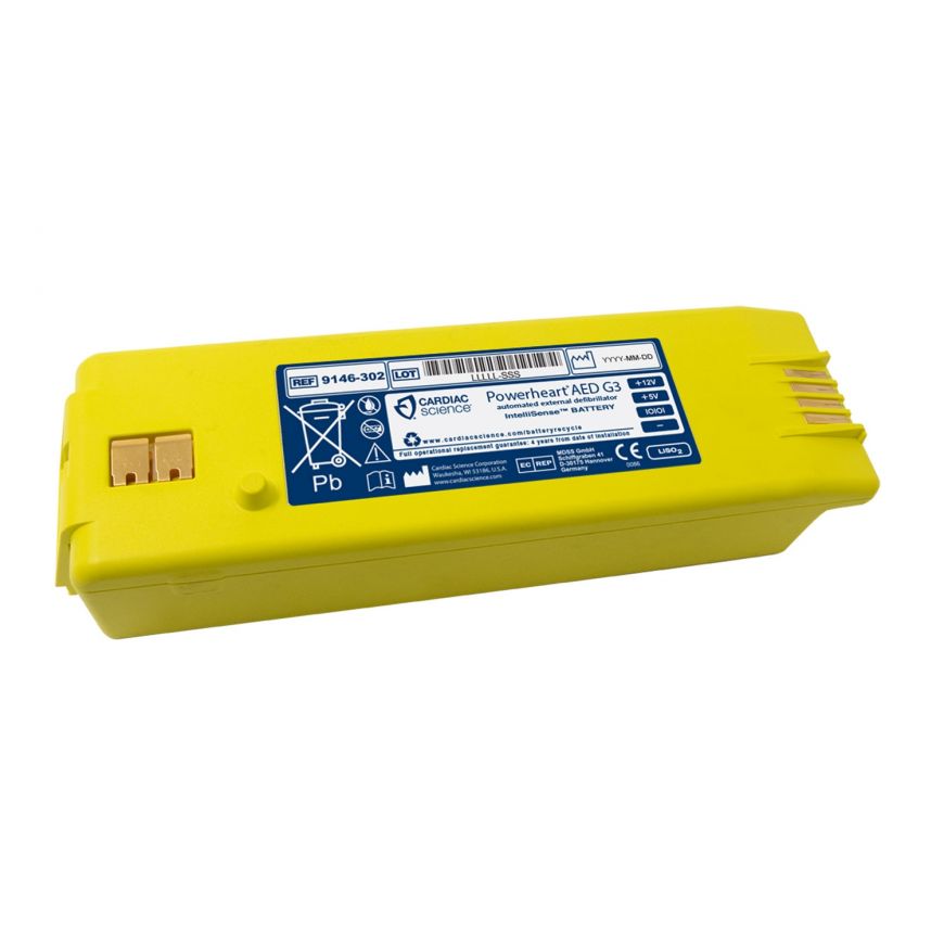 Cardiac Science G3 Battery, a yellow rectangular Intellisense battery pack featuring blue and white labeling, is designed for use with the Powerheart G3 AED defibrillator.