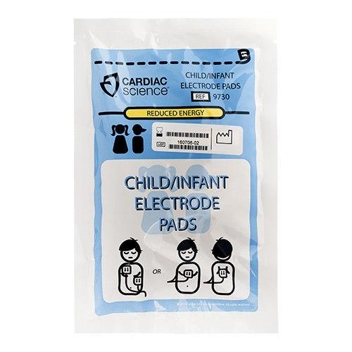 Packaging for Cardiac Science G3 AED Pediatric Defibrillation Pads, featuring reduced energy symbols and illustrated usage instructions. Compatible with the Powerheart G3 series AEDs.