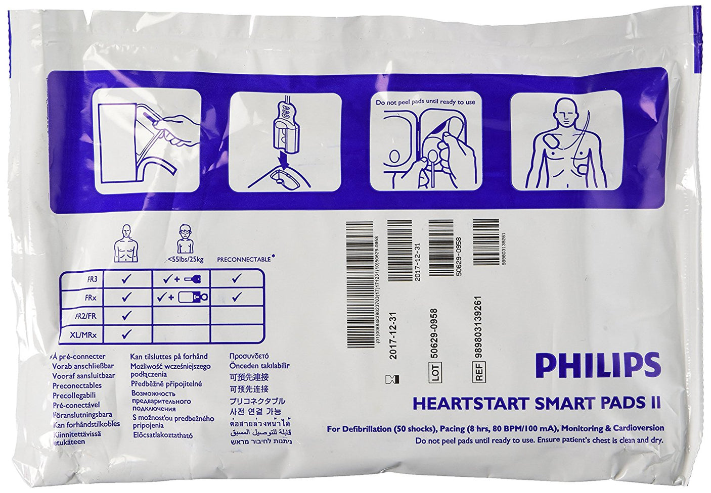 The Philips FRx SMART Pads II Defibrillation Electrode Pads package features instructional diagrams for proper application. It includes emergency procedure instructions, usage guidelines, and a list of pre-connected accessories on the back. Ensure to use these pads with the Philips FRx AED, and remember to replace both pads and batteries as needed.