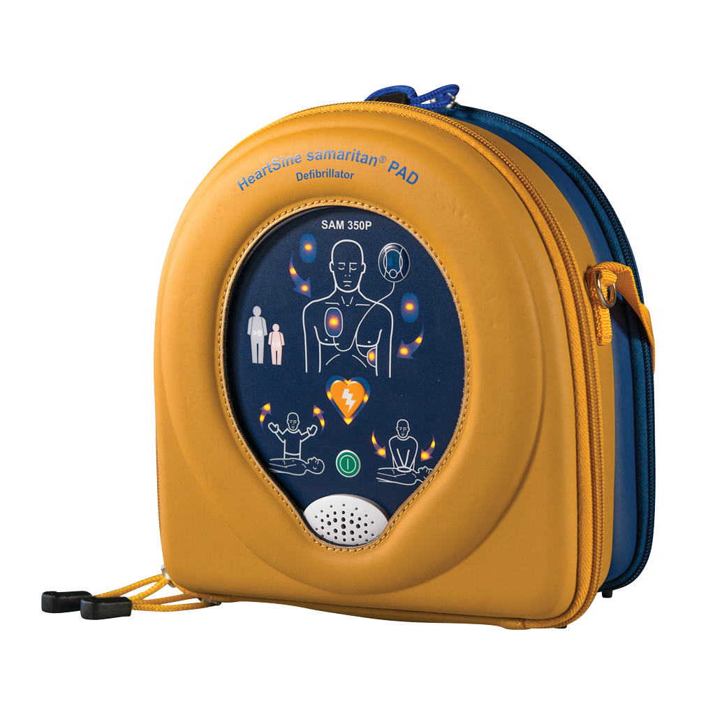 The HeartSine Samaritan 350P - Complete Package portable defibrillator features illustrated instructions, a zipper closure, and cord pull tabs, and includes a CPR coach for guided assistance.