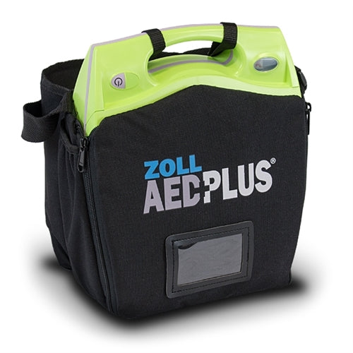 Portable ZOLL AED Plus - Complete Package by ZOLL, featuring Real CPR Help, in a black carrying case with a green handle.