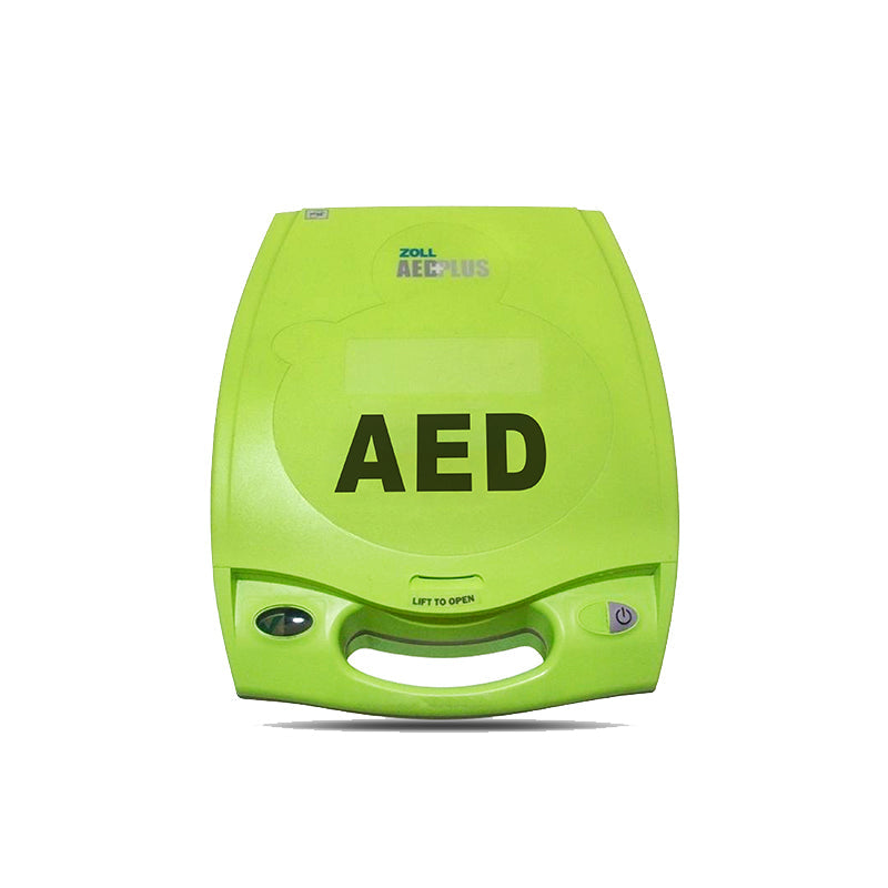 A green ZOLL AED Plus from ZOLL, featuring a handle and an "AED" label on the front, offers Real CPR Help for effective resuscitation.