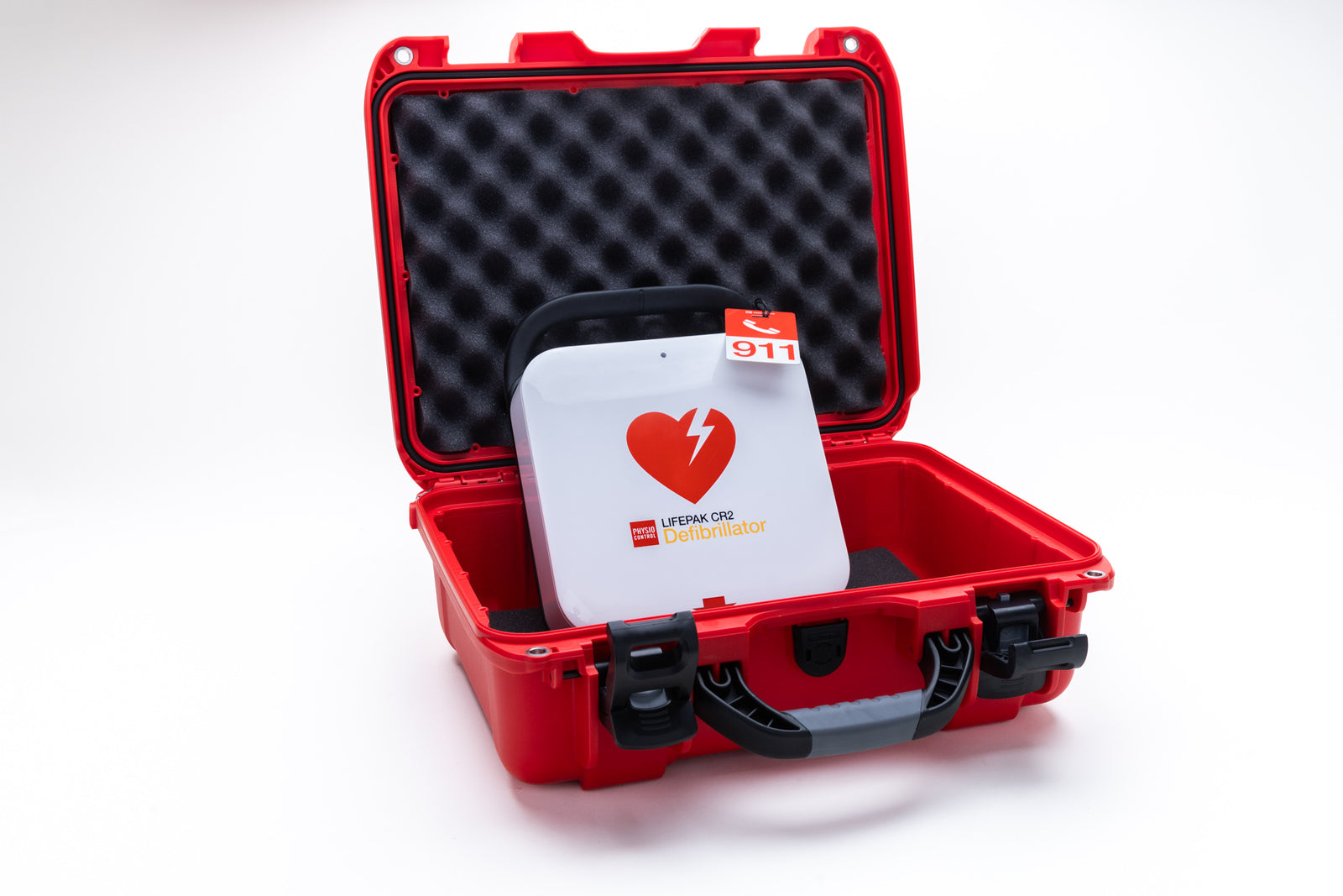 Red hard-shell case with a white device featuring a red heart symbol on a white background