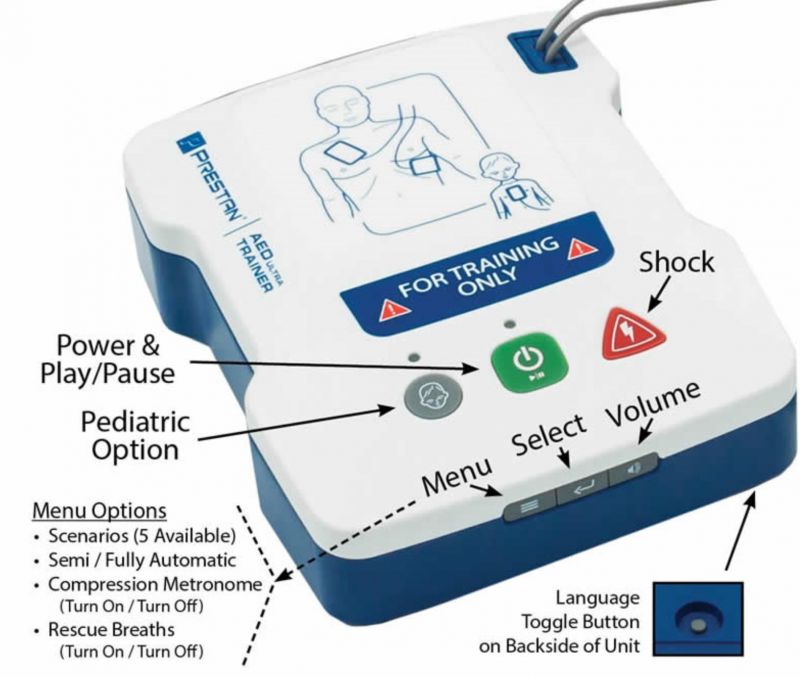 The Prestan AED UltraTrainer from Prestan features labeled buttons for Power & Play/Pause, Pediatric Option, Shock, Menu, Select, and Volume. Additionally, it offers customizable settings for a realistic training experience.