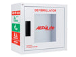 The Surface Mount AED Cabinet with alarm- Compact by AED Shop is a powder-coated, wall-mounted unit featuring a transparent door labeled "DEFIBRILLATOR" in red text. The door also displays "AED4Life" and the company website. Emergency instruction labels in green and red for using the AED are located on the left side of the cabinet.