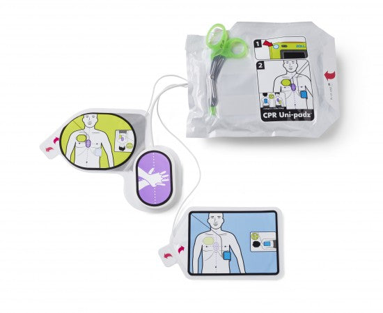 The ZOLL AED 3 Refresh Pack by ZOLL includes CPR defibrillator pads with instructional illustrations, green scissors, a Battery Pack, all sealed in packaging on a white background.