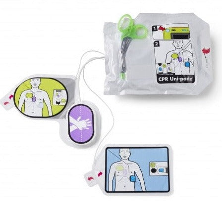 The packaging features ZOLL AED 3 CPR Uni-padz and scissors, along with an instructional diagram.