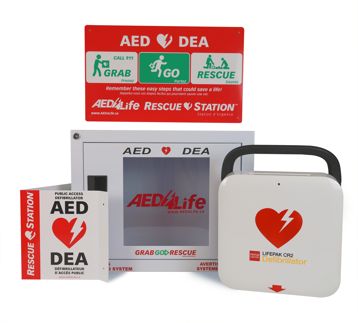 The Physio-Control/STRYKER LIFEPAK CR2 Bilingual (Cellular model) - Complete Package is a wall-mounted AED defibrillator kit featuring clear bilingual rescue instructions, advanced CPR technology guidance, and prominent signage for rapid access to an automated external defibrillator in emergencies.