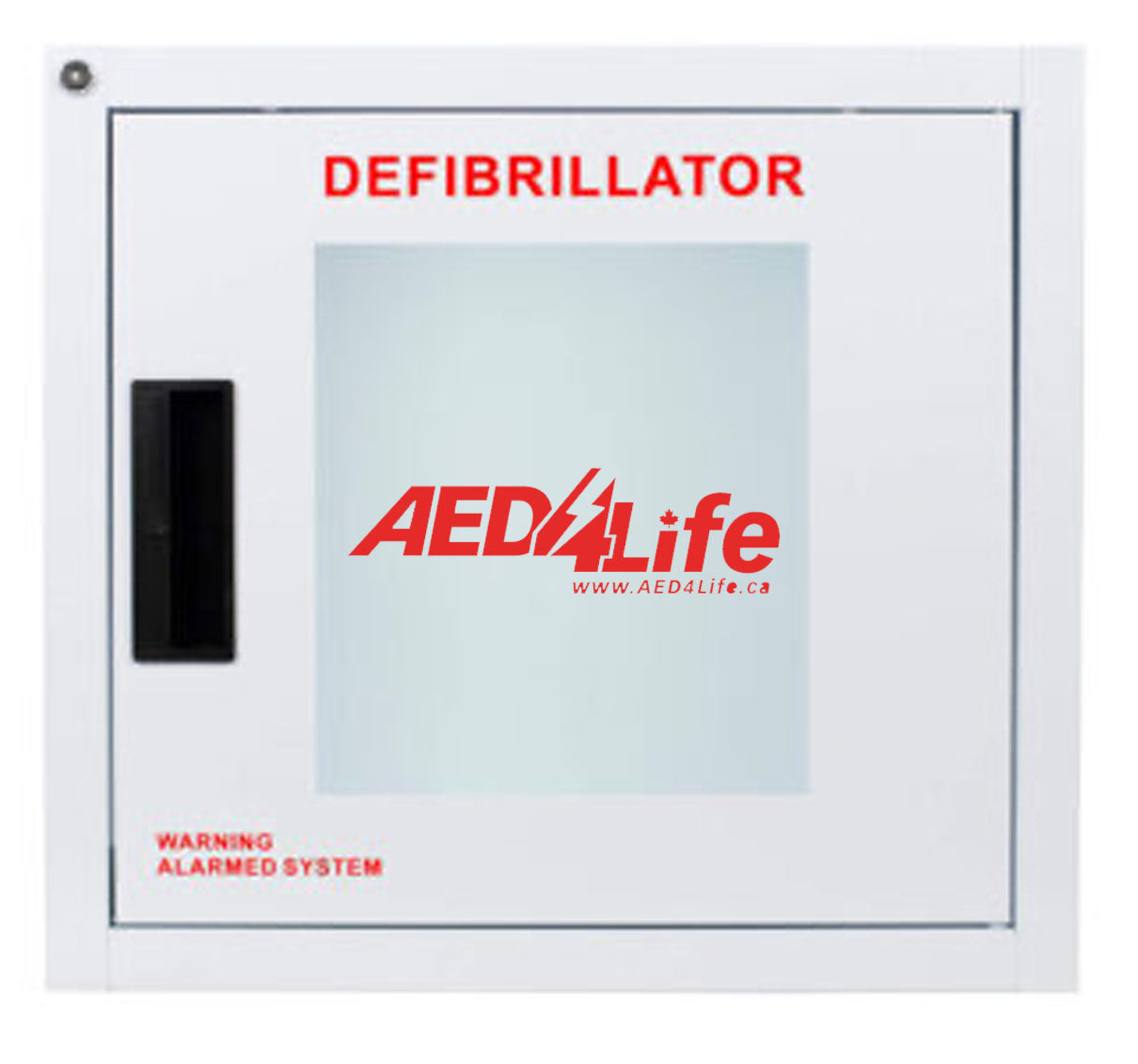 The Surface Mount AED Cabinet with Alarm-Compact from AED Shop is a wall-mounted white defibrillator cabinet featuring a glass front and a powder-coated finish. The word "DEFIBRILLATOR" is prominently displayed in red at the top, with "AED4Life" and a website URL on the glass. A warning label indicating an alarmed system is situated at the bottom.