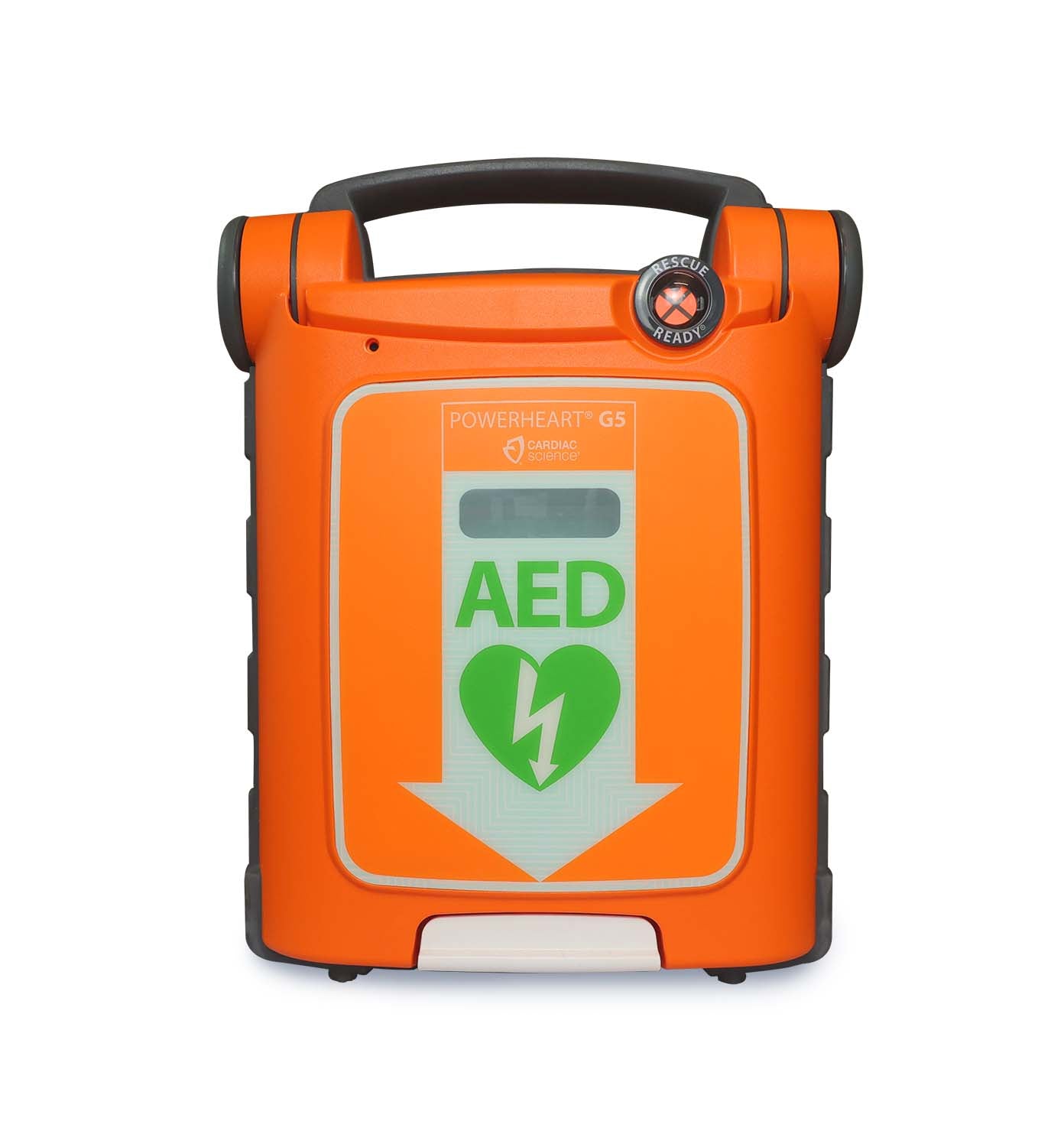 Cardiac Science G5 BILINGUAL AED automated external defibrillator device by Cardiac Science, featuring a green heart and lightning bolt symbol on the front and providing real-time CPR feedback for improved emergency response.