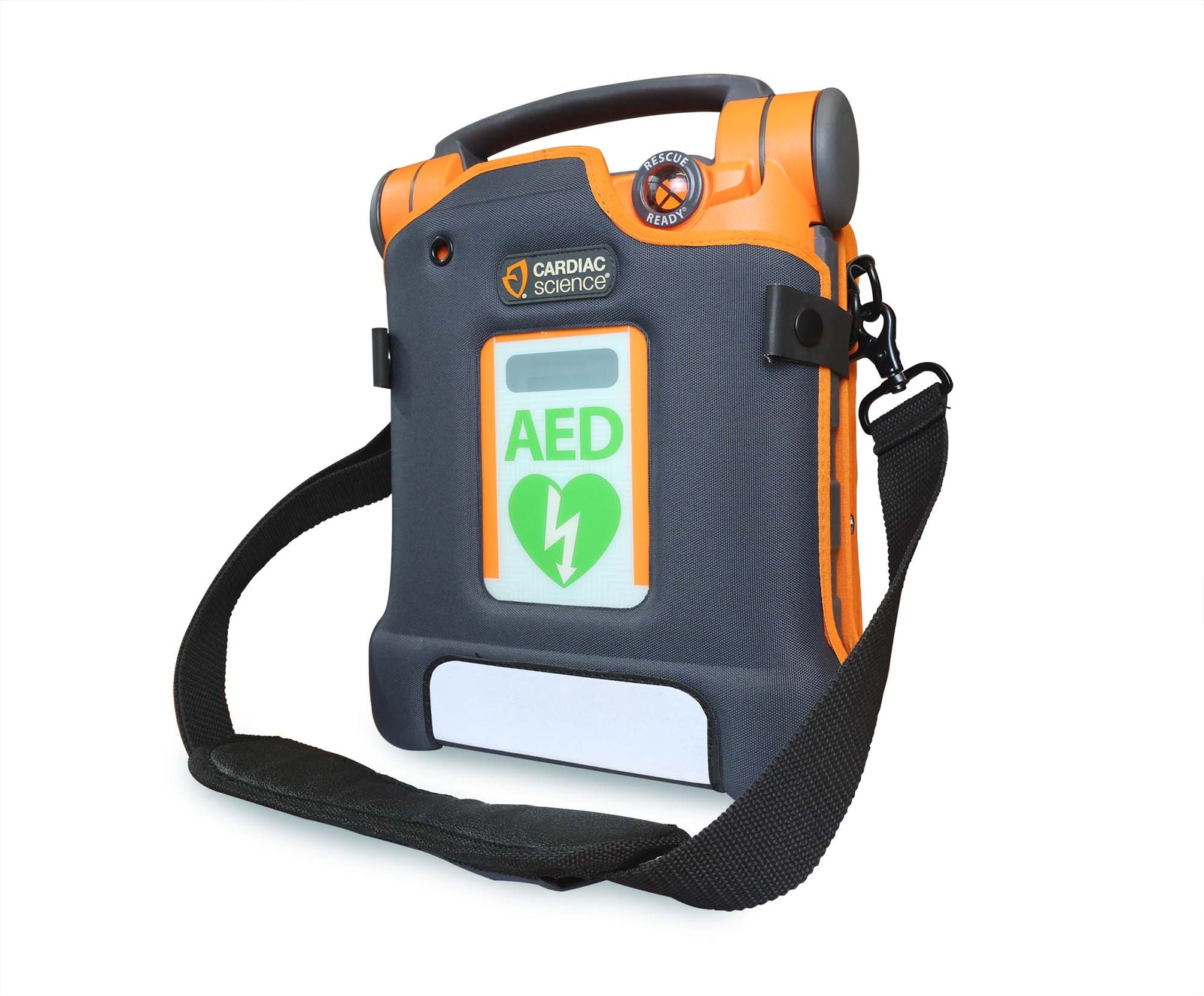 Portable Cardiac Science G5 Bilingual AED device with a carrying strap, in orange and black, displaying “AED” and a heart with a lightning bolt—an essential automated external defibrillator from Cardiac Science for rapid response in cardiac arrest emergencies.