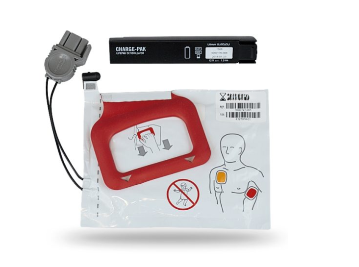 Defibrillator accessories: Physio-Control LIFEPAK CR Plus/EXPRESS CHARGE-PAK with one set of electrode pads, including an instructional diagram on a transparent package.