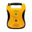 Yellow and black AED with various buttons and lights.