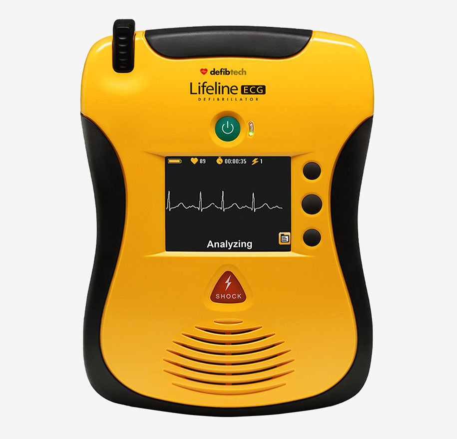 The Defibtech Lifeline VIEW AED, in bright yellow, features a screen that displays heart activity and operational buttons, making it ideal for external defibrillation and essential in CPR situations.