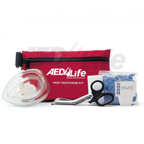 The Philips HeartStart OnSite Defibrillator - Complete Package includes a red AED4Life fast response kit with a CPR mask, scissors, blue nitrile gloves, and is designed to support automated external defibrillators.