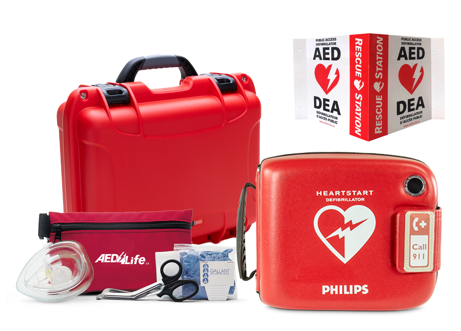 Red AED (Automated External Defibrillator) kit with accessories on a white background