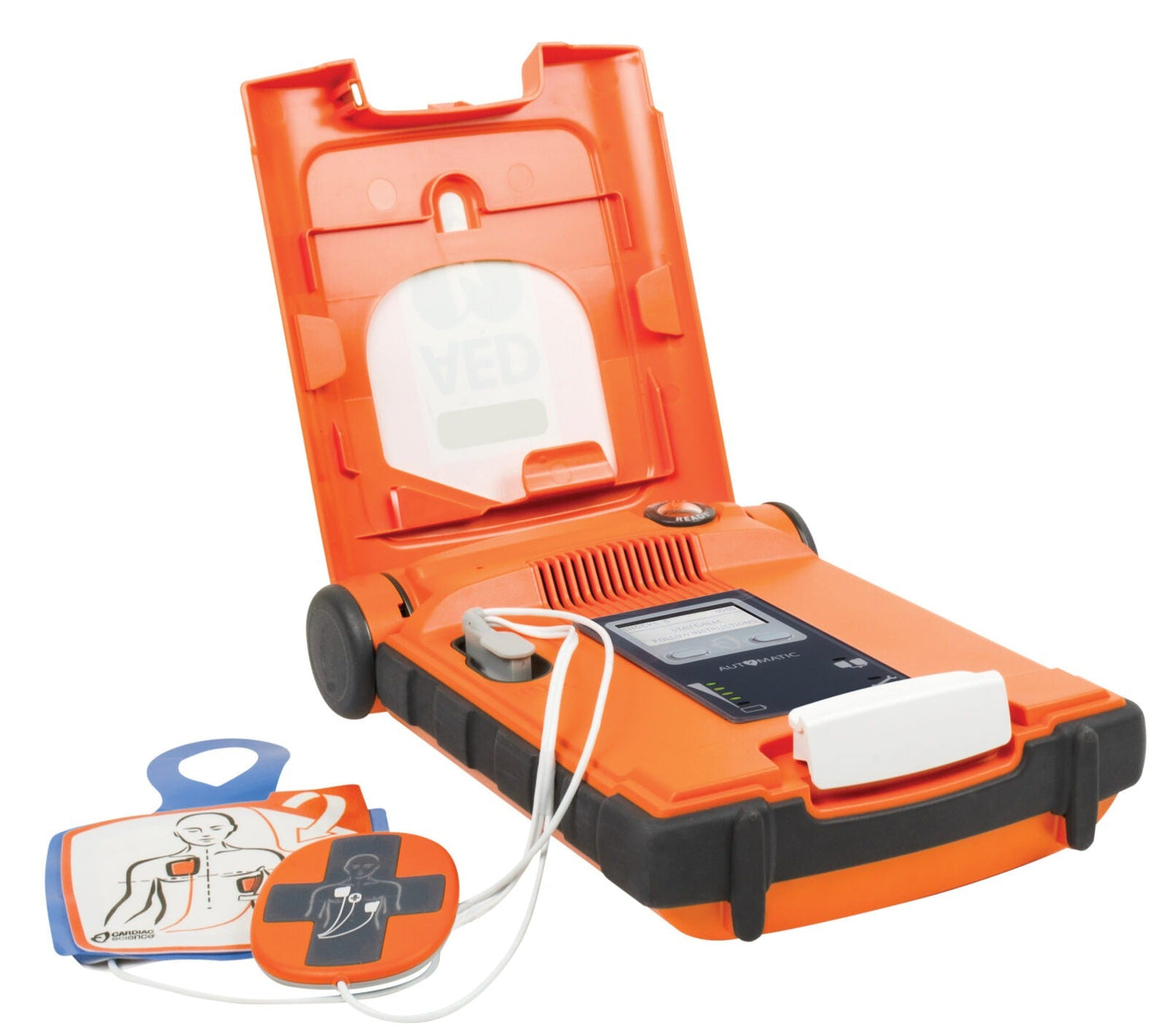 An open Cardiac Science G5 BILINGUAL AED with attached electrode pads, Rescue Ready technology, and semi-automatic shock delivery instructions.