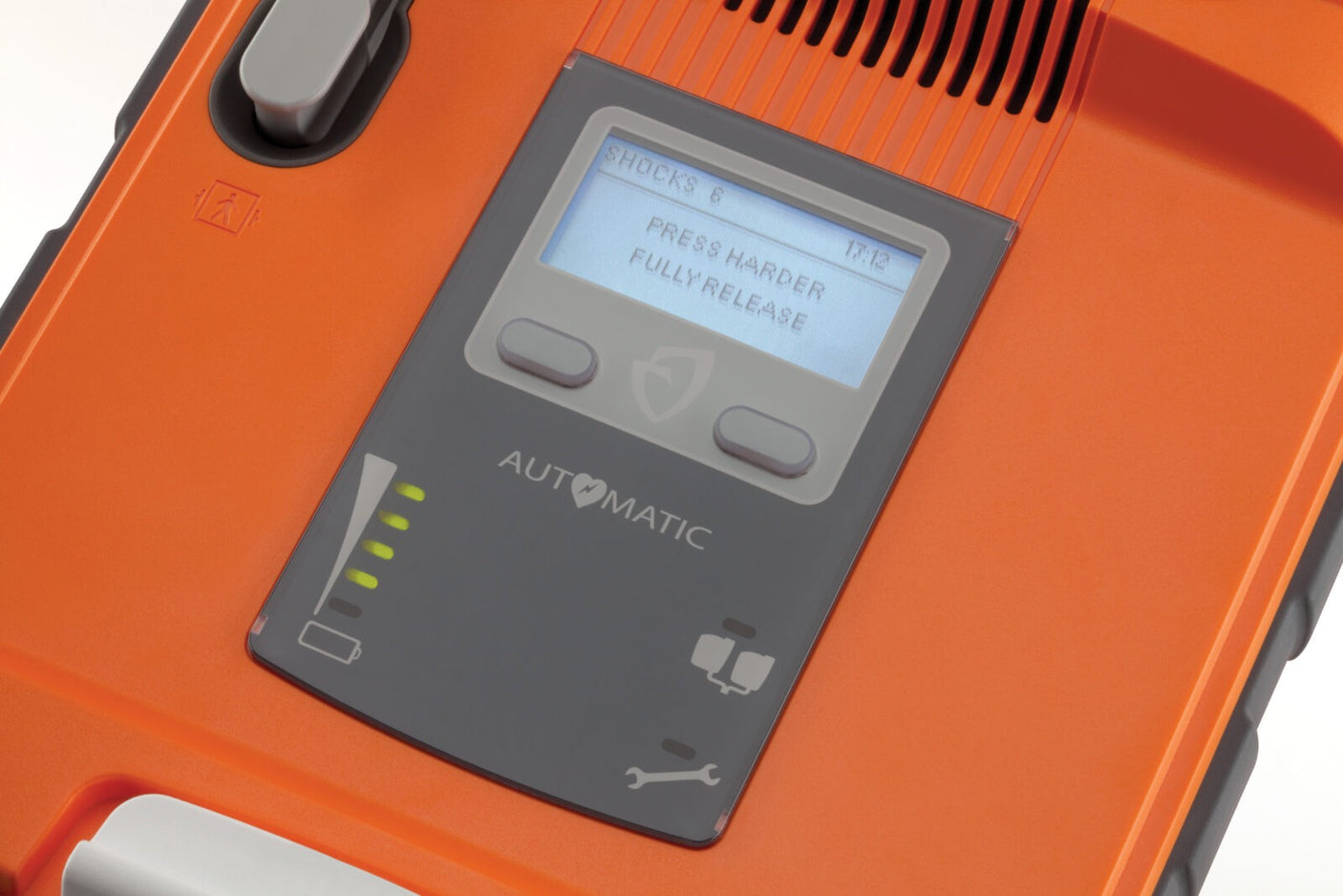 Close-up of an orange automatic defibrillator, the Cardiac Science G5 BILINGUAL AED, featuring a screen with instructions and status indicators, utilizing Rescue Ready technology.