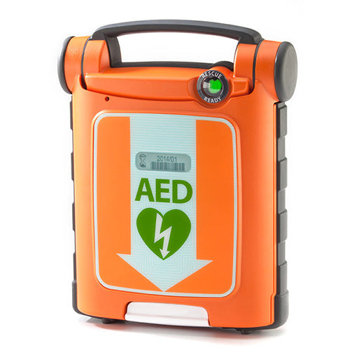 An orange Cardiac Science G5 AED with a green heart and lightning bolt symbol on its front, featuring a Cardiac Science G5 Battery for reliable performance.