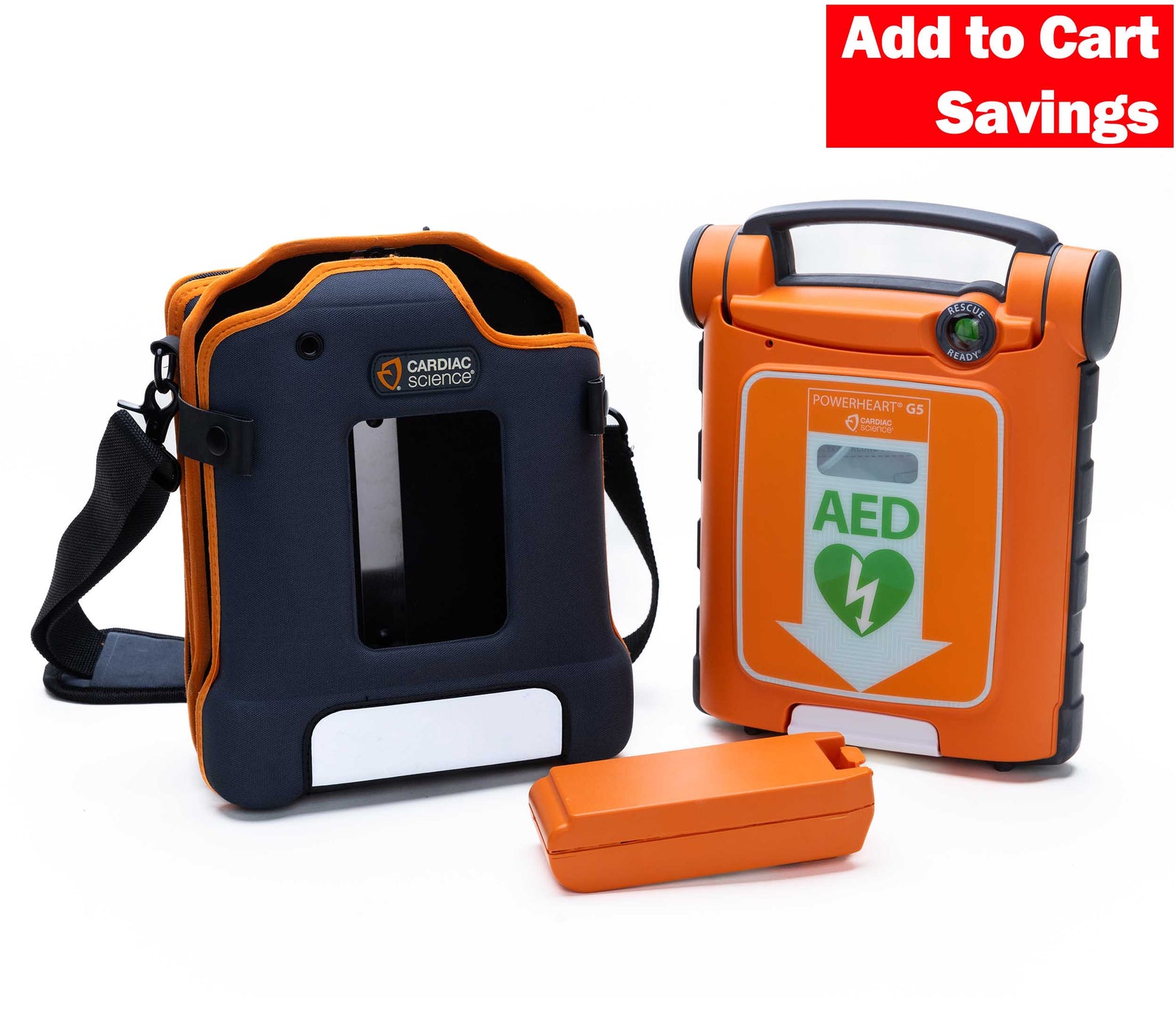 Cardiac Science AED device with carrying case on a white background