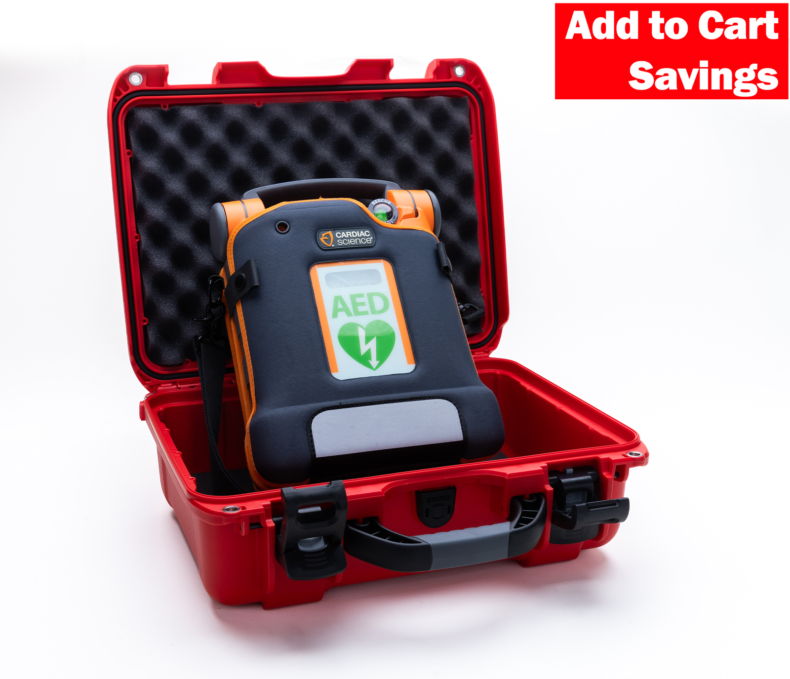 AED device in a red carrying case with 'Add to Cart Savings' text.