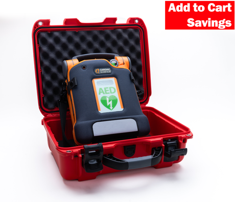 AED device in a red carrying case with 'Add to Cart Savings' text.