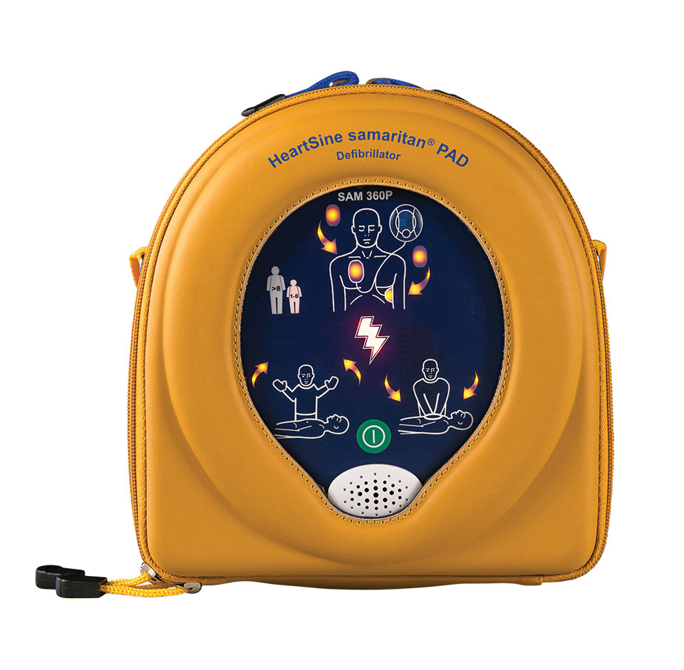 HeartSine samaritan PAD defibrillator in yellow leather case. 