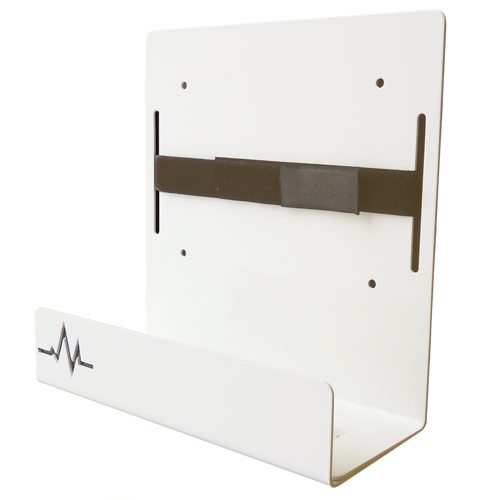 The Universal AED Bracket by AED Shop is a white, wall-mounted accessory featuring a heartbeat symbol, designed to securely hold defibrillators. Crafted from rugged steel, it offers adjustable depth for versatile equipment placement.