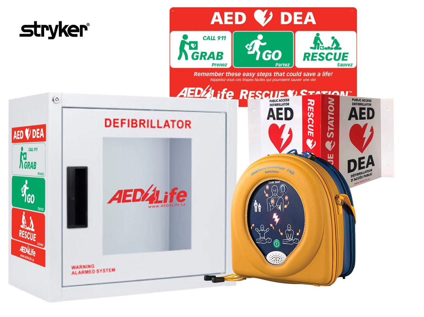 HeartSine Samaritan 350P Complete Package including a defibrillator cabinet with AED signage, a yellow HeartSine AED device bag, usage instruction stickers, and a CPR coach for guidance.