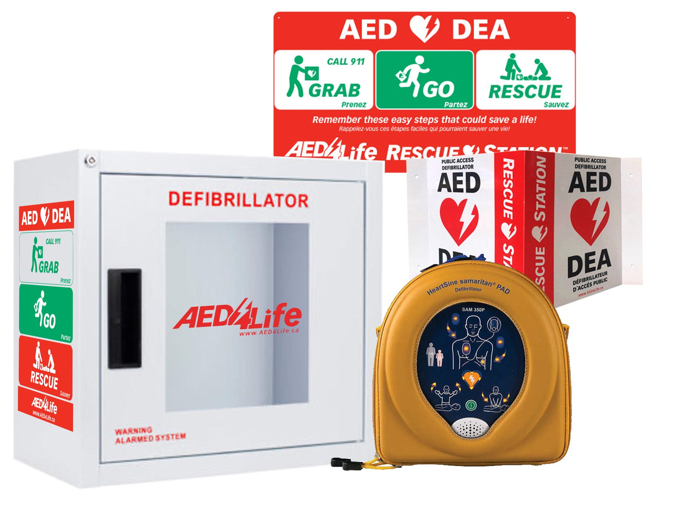 Image of a wall-mounted defibrillator cabinet with AED signage and a HeartSine Samaritan 350P - Complete Package device in a carrying case.