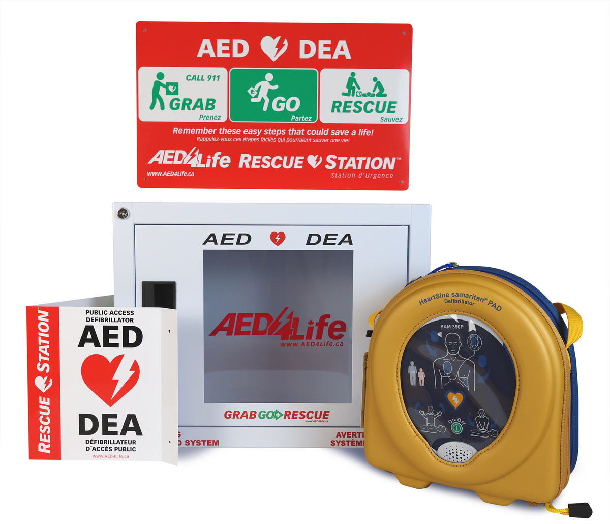 The HeartSine Samaritan 360P – Complete Package AED station features clear signage, a durable defibrillator case, and the portable HeartSine Samaritan 360P in bright yellow with easy-to-follow instructions.