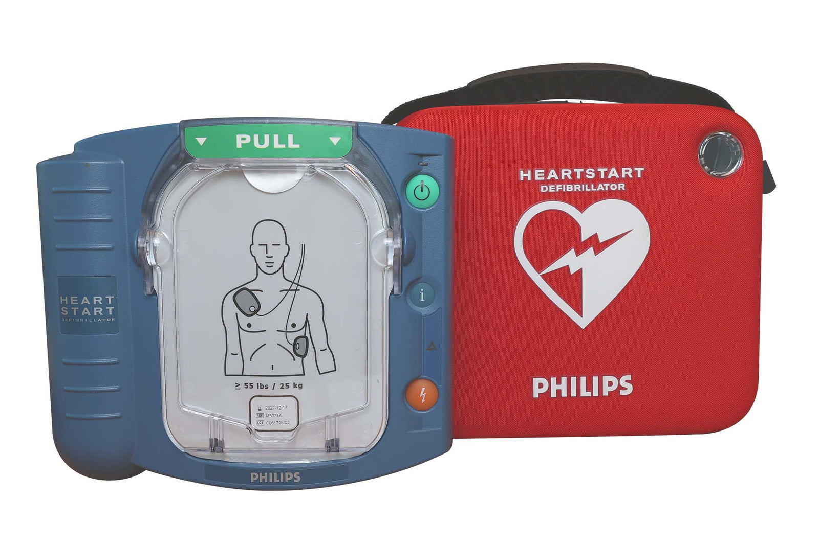 The Philips HeartStart OnSite Defibrillator by Philips, shown in blue with its pad diagram next to the red carrying case, is designed for easy and rapid use during emergencies.
