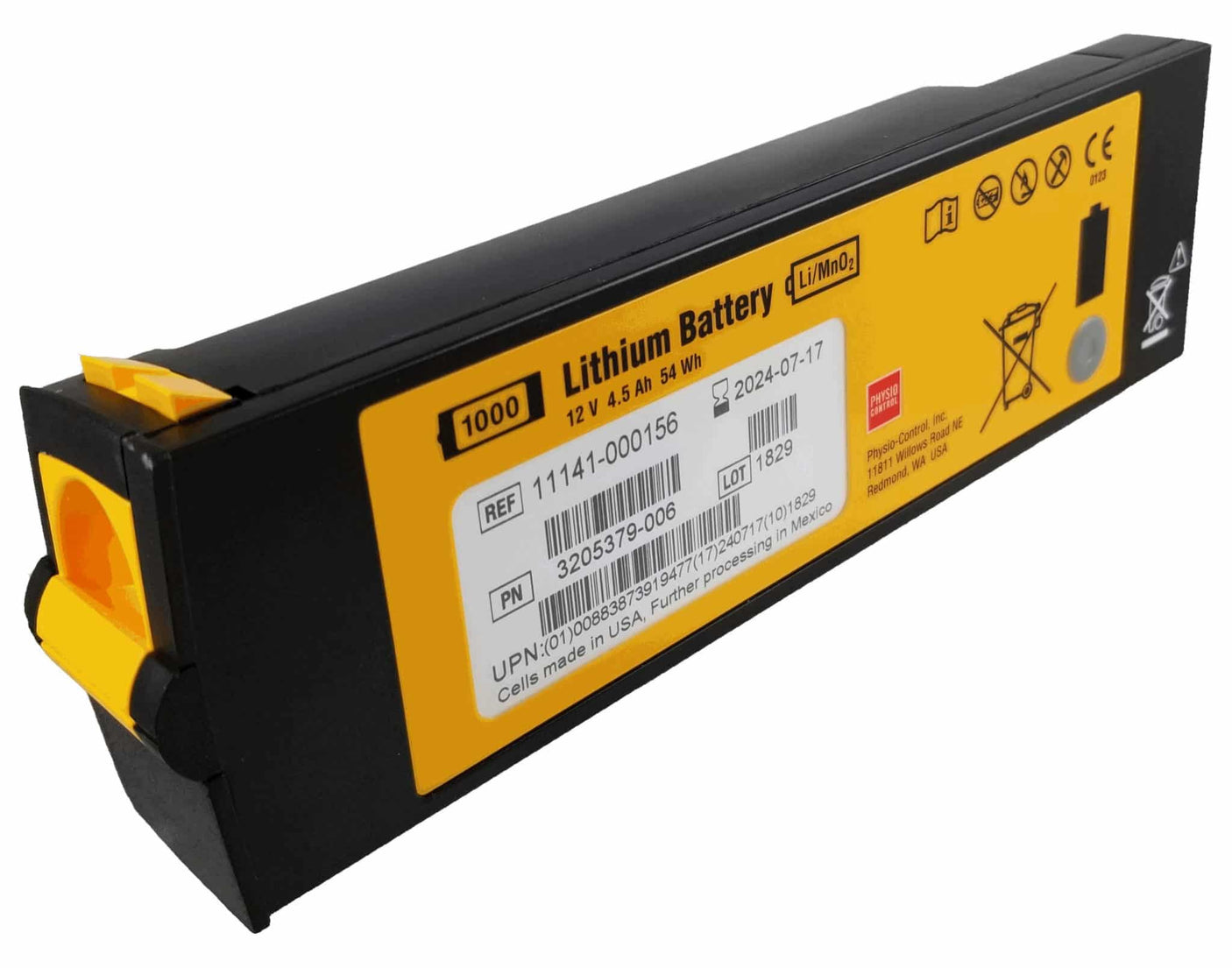 A Physio-Control LIFEPAK 1000 Replacement Lithium AED Battery Pak by Physio-Control/STRYKER, featuring a black and yellow design, with a 12V, 4.5Ah non-rechargeable lithium battery that includes various labels and symbols on its side.