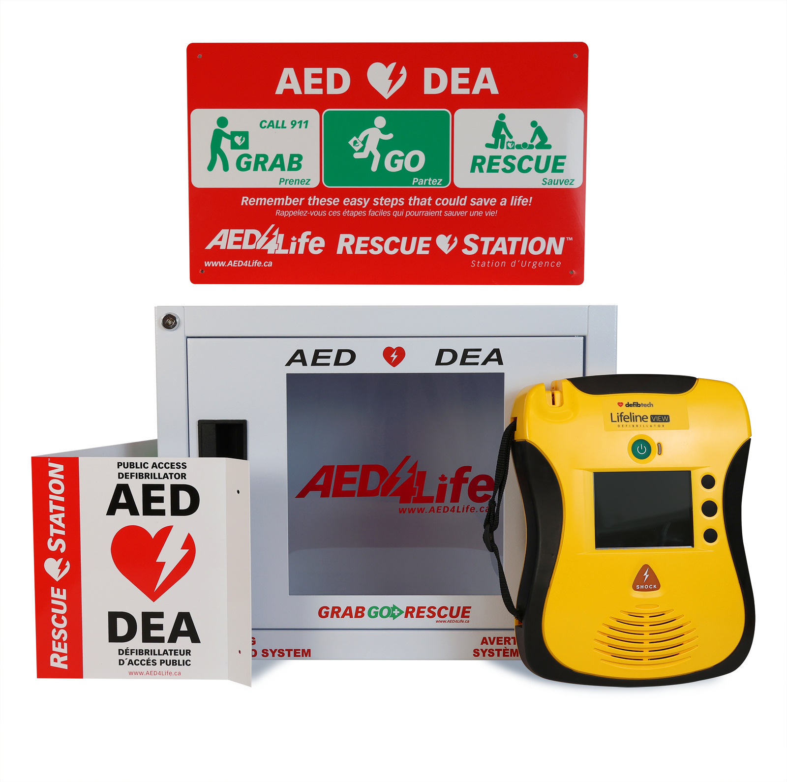 Defibtech Lifeline VIEW - Complete Package by Defibtech, includes a wall cabinet, rescue instructions, and a yellow Lifeline VIEW AED with video display and CPR guidance for emergency situations.