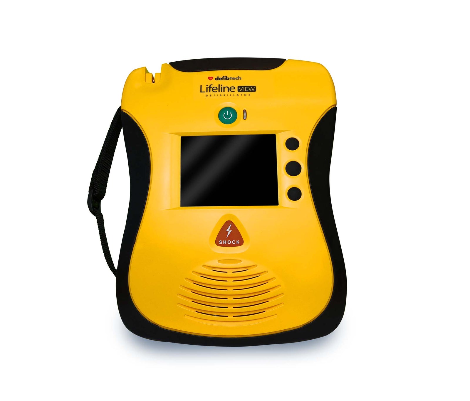 The Defibtech Lifeline VIEW by Defibtech is a yellow AED device with an interactive display screen, user-friendly buttons including a clearly marked “SHOCK” label, stylish black trim, and a handy side strap.