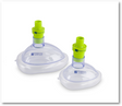 Two clear medical masks with yellow-green attachments, reminiscent of the sleek design found in Prestan CPR Training Face Mask Adult 10-Pack with Rescue Mask Adaptors, labeled "PRIMED," set against a white background.