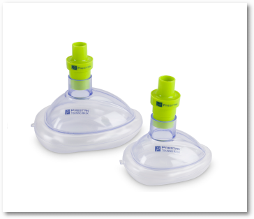 Two clear medical masks with yellow-green attachments, reminiscent of the sleek design found in Prestan CPR Training Face Mask Adult 10-Pack with Rescue Mask Adaptors, labeled "PRIMED," set against a white background.