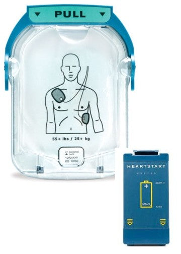 A blue and white medical device package labeled "Philips OnSite Refresh Pack," featuring an image of a person demonstrating the placement of Adult Smart Pads Cartridge for defibrillation. The clear cover has a "PULL" tab at the top. Additionally, there is a blue module with a compartment for the Philips OnSite Battery.