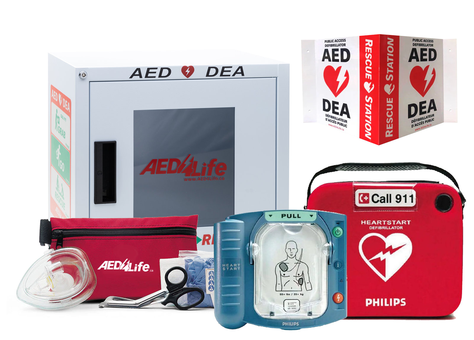 Philips AED device with accessories and packaging on a white background