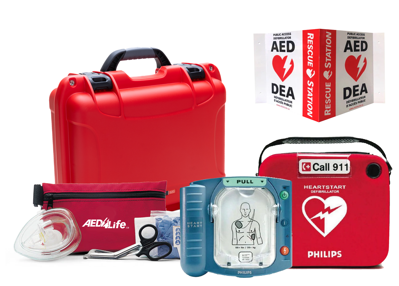 Red AED case with Philips AED device and accessories on a white background