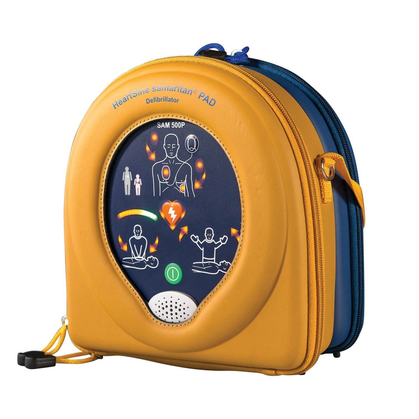 A dark blue HeartSine samaritan PAD defibrillator in a yellow leather case.