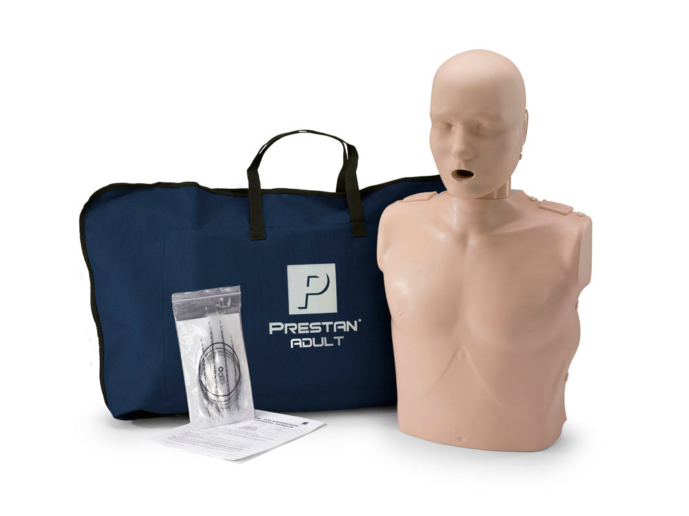 Prestan Professional Training Manikin FAMILY Pack from Prestan includes carrying cases, disposable face shield lung bags, and instructional manuals, all placed on a white background.