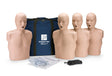 Four adult CPR manikins beside a large blue bag. A paper instruction manual and black velcro straps lay on the floor.