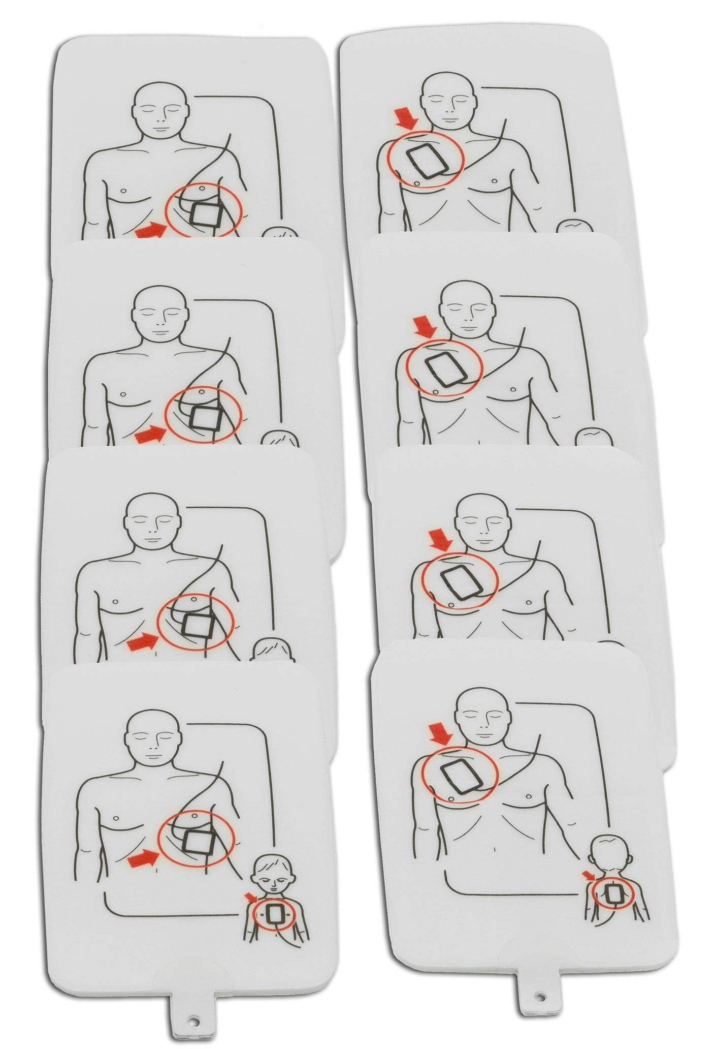 Illustrations demonstrating the placement of Prestan Professional AED Trainer Pads 4-pack (Adult/Child) by Prestan on both an adult and a child.