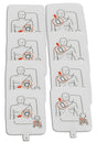 Illustrations demonstrating the placement of Prestan Professional AED Trainer Pads 4-pack (Adult/Child) by Prestan on both an adult and a child.